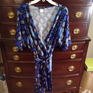 Venus Blue and Brown Patterned Wrap Dress 2X